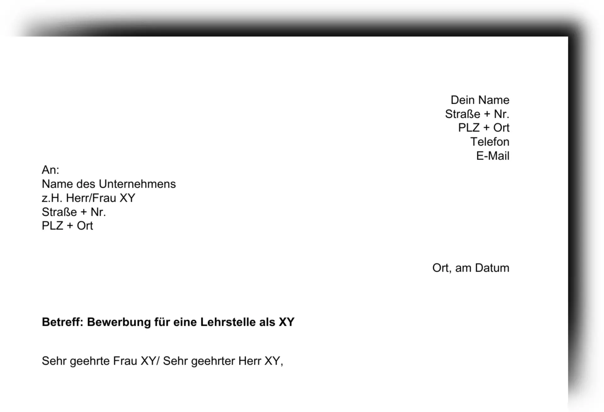 Bewerbung für Lehrstelle Muster